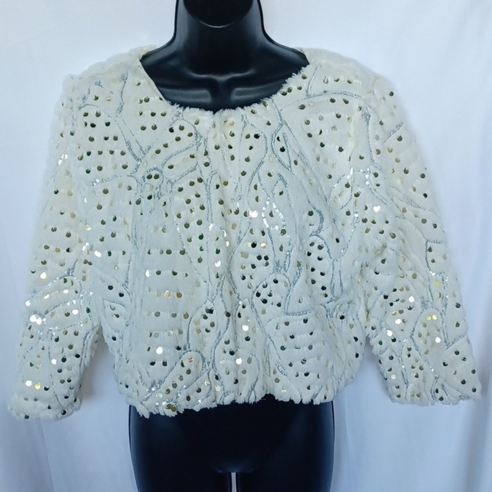Candies Faux Fur cream with gold sequins cropped size Large jacket